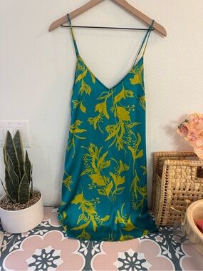 stars above Teal Slip Dress with Yellow Floral Print